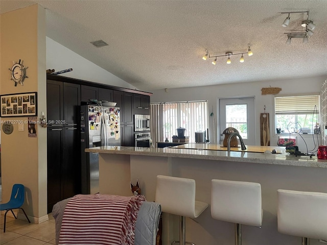 kitchen with a healthy amount of sunlight, light tile patterned flooring, stainless steel appliances, and vaulted ceiling