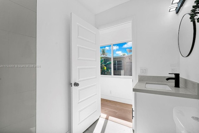 bathroom featuring vanity and wood-type flooring