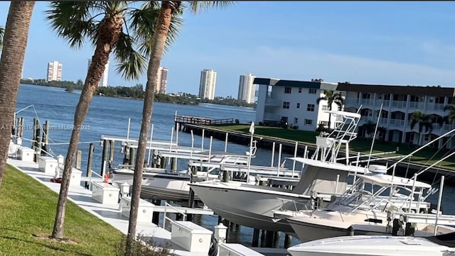 view of dock with a water view and boat lift