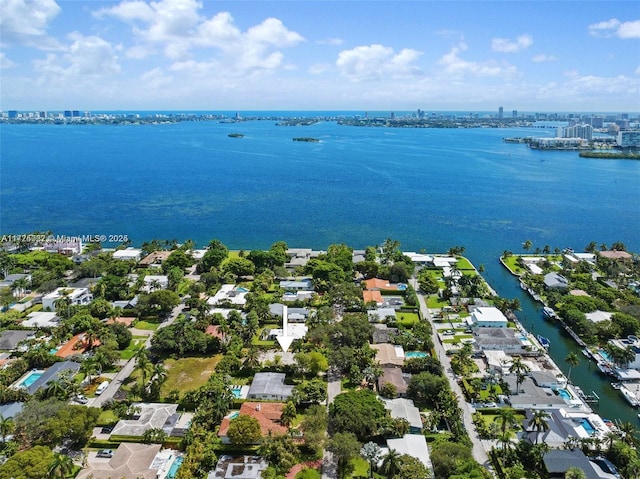 bird's eye view with a water view