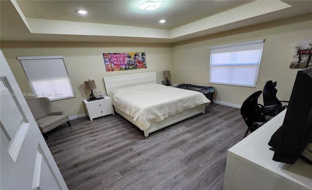 bedroom with hardwood / wood-style floors and a raised ceiling