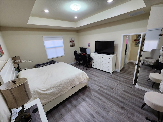 bedroom featuring wood-type flooring and a raised ceiling