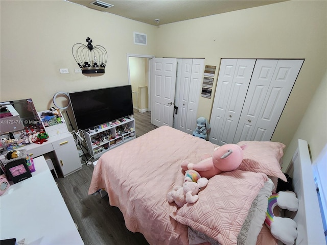 bedroom with dark wood-type flooring and two closets