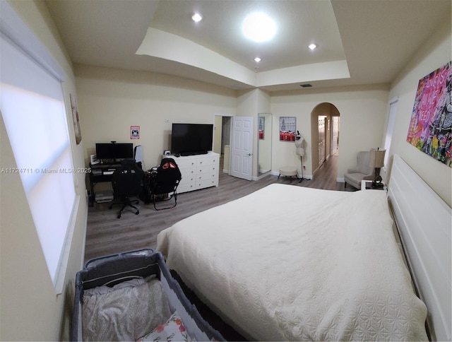 bedroom featuring a raised ceiling and wood-type flooring