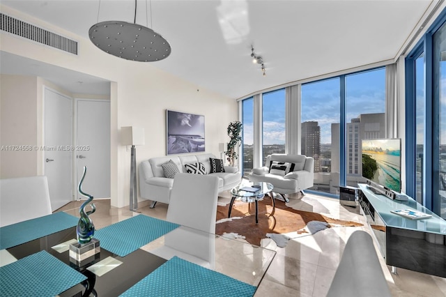 dining room with a wall of windows