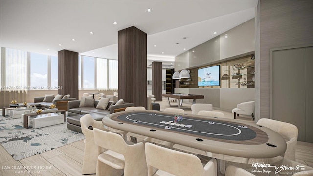 playroom with floor to ceiling windows and pool table