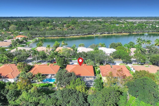 drone / aerial view featuring a water view