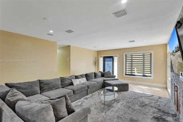 living room with light colored carpet