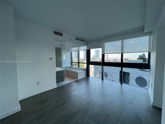 empty room with dark hardwood / wood-style flooring and floor to ceiling windows