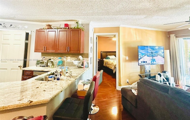 kitchen with light stone countertops, ornamental molding, sink, and dark wood-type flooring