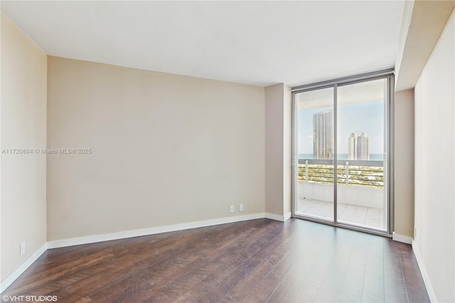 empty room featuring expansive windows and dark hardwood / wood-style flooring