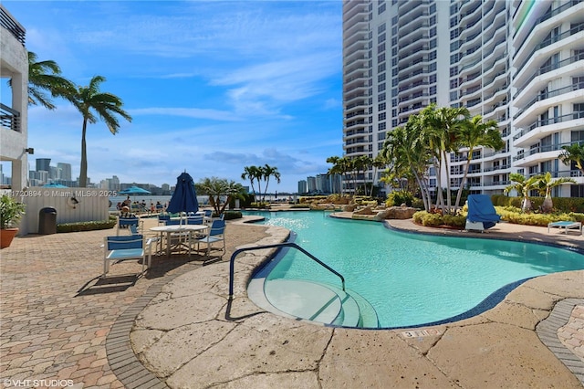 view of swimming pool with a patio