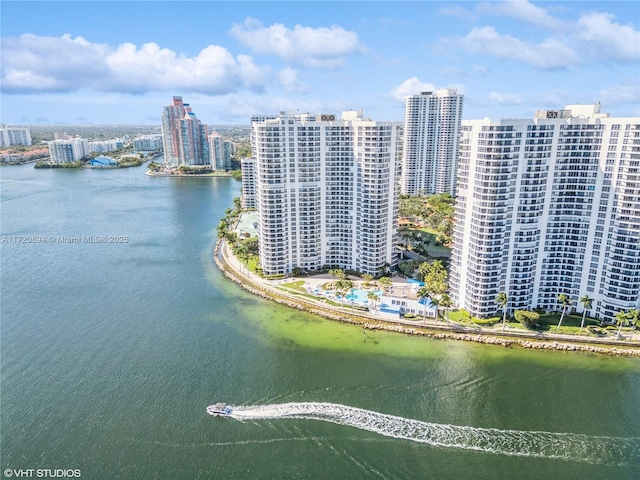 aerial view featuring a water view