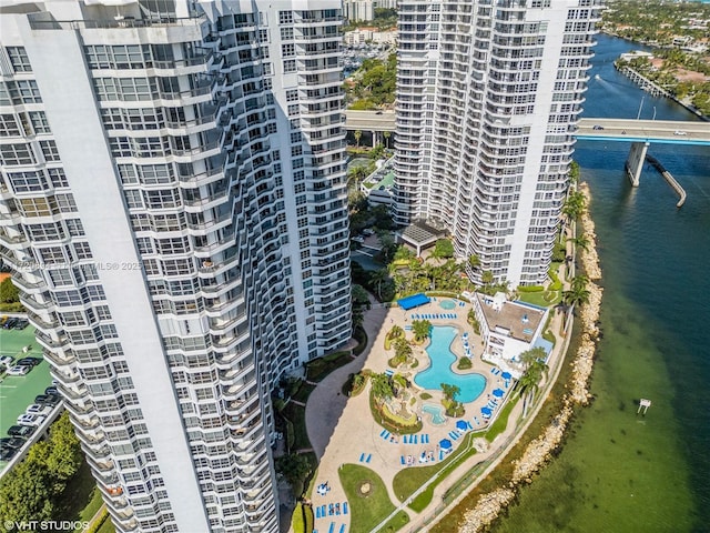 aerial view with a water view