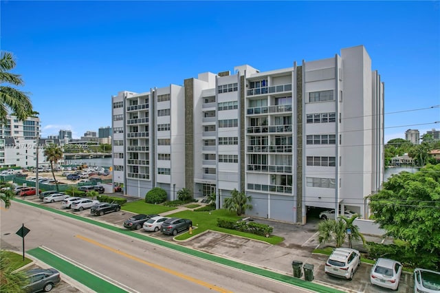 view of building exterior featuring a water view