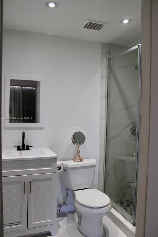 full bath featuring a shower stall, marble finish floor, visible vents, and recessed lighting