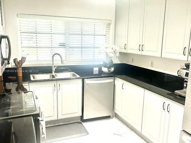 kitchen with white cabinets, electric range, stainless steel dishwasher, and sink