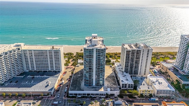 aerial view featuring a water view and a view of the beach