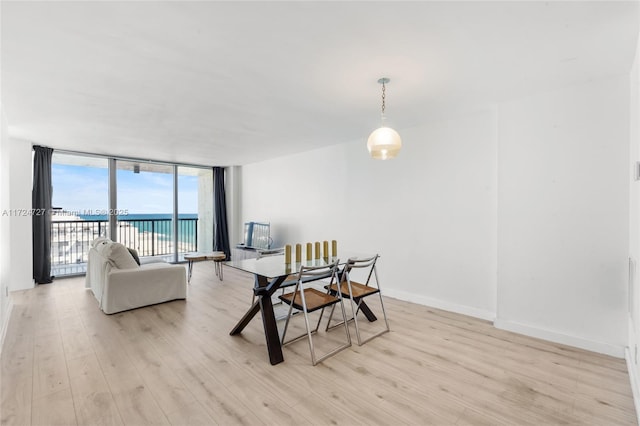 dining room with a water view, light wood-type flooring, and a wall of windows