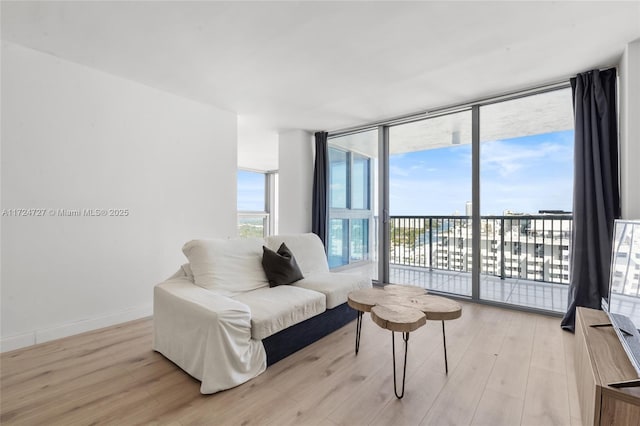 living area with expansive windows and light wood-type flooring