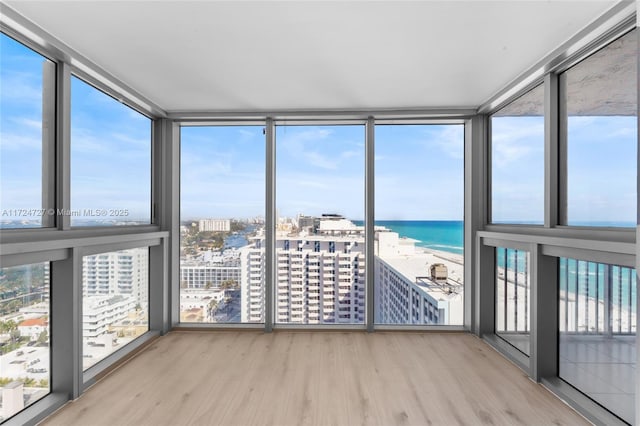 unfurnished sunroom with a water view, a beach view, and a wealth of natural light