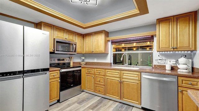 kitchen with light hardwood / wood-style flooring, a raised ceiling, crown molding, appliances with stainless steel finishes, and sink