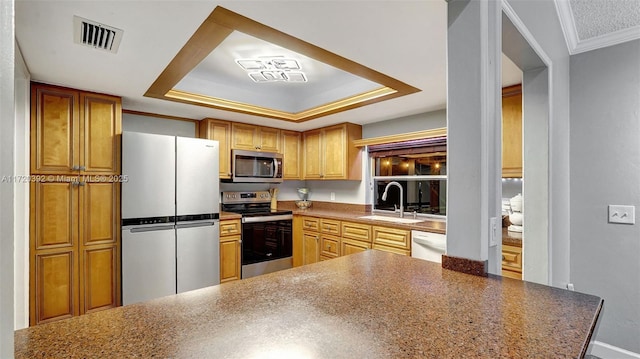 kitchen with stainless steel appliances, crown molding, kitchen peninsula, a tray ceiling, and sink