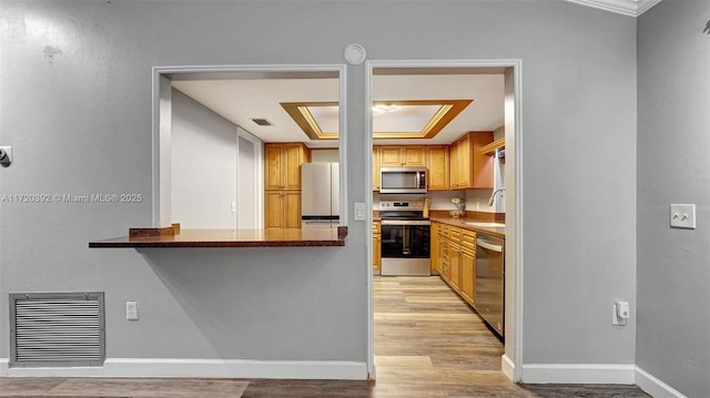 kitchen featuring a raised ceiling, stainless steel appliances, light wood-type flooring, ornamental molding, and sink