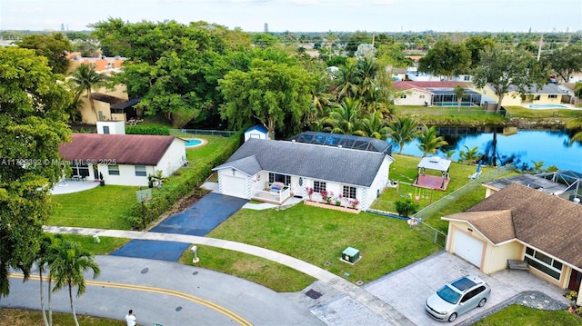 bird's eye view with a water view