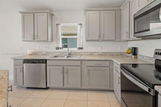 kitchen featuring gray cabinets, sink, and stainless steel appliances