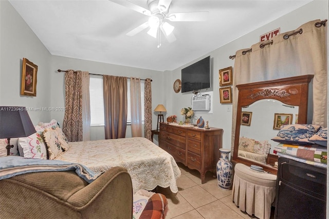 tiled bedroom featuring ceiling fan and a wall mounted AC