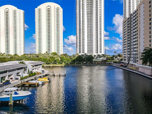 view of water feature with a dock