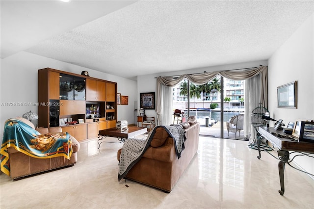 living room with a textured ceiling