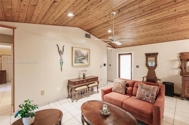 living room featuring visible vents, recessed lighting, light tile patterned flooring, wooden ceiling, and lofted ceiling