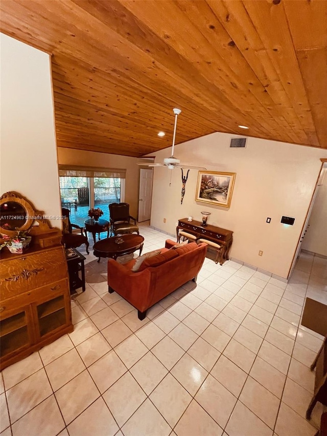 tiled living room featuring ceiling fan, wood ceiling, and vaulted ceiling