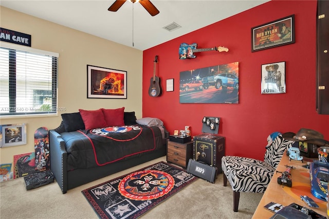 carpeted bedroom with ceiling fan