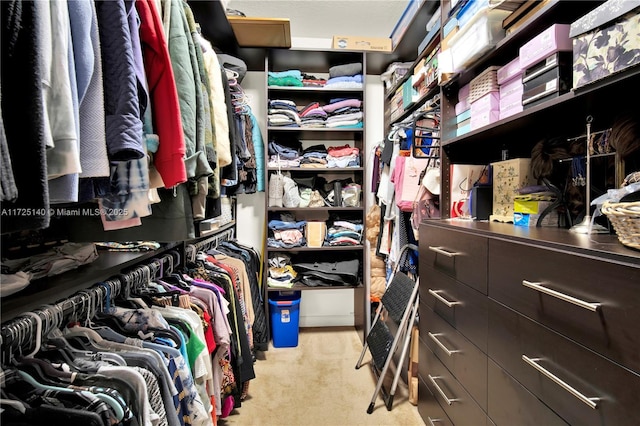 walk in closet featuring light carpet