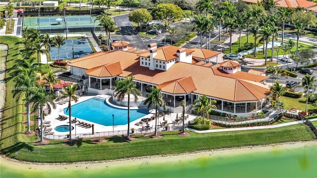 bird's eye view with a water view