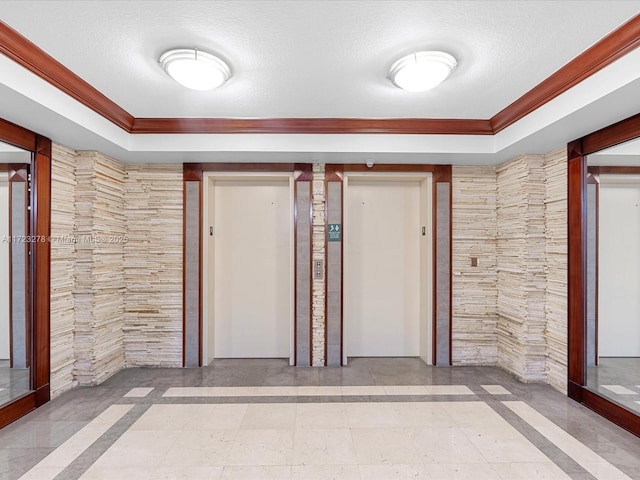 unfurnished room featuring crown molding, a tray ceiling, and elevator