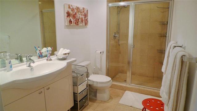 bathroom featuring walk in shower, tile patterned flooring, vanity, and toilet