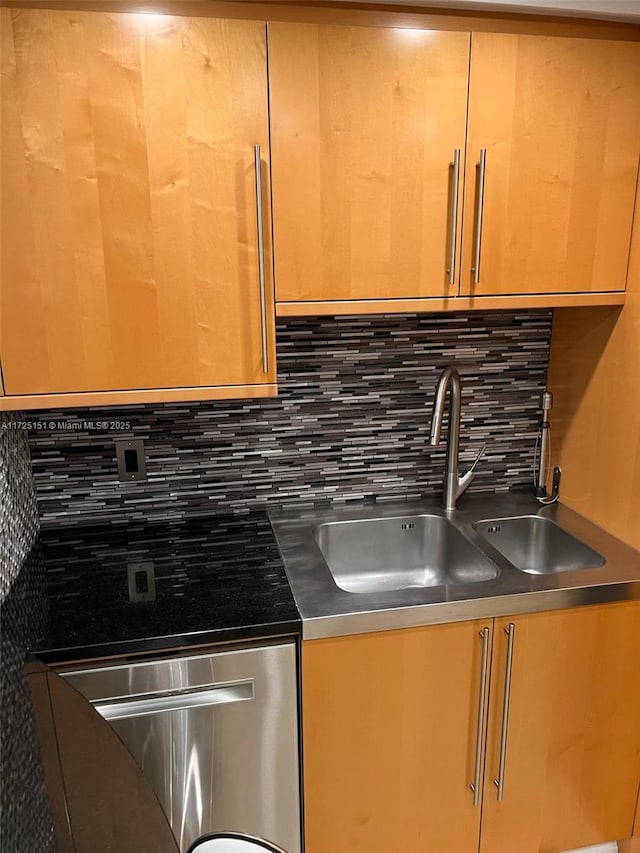 kitchen with stainless steel dishwasher, decorative backsplash, and a sink