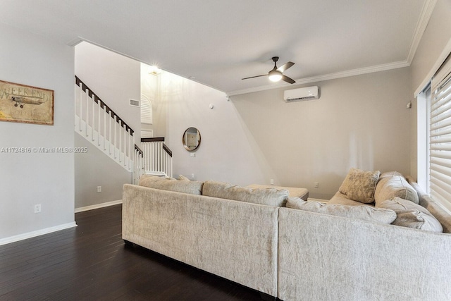 living room featuring a wall unit AC, ceiling fan, ornamental molding, and dark hardwood / wood-style floors