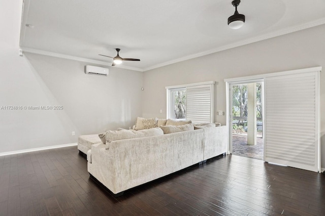 living room with ornamental molding, a wall mounted AC, ceiling fan, and dark hardwood / wood-style flooring