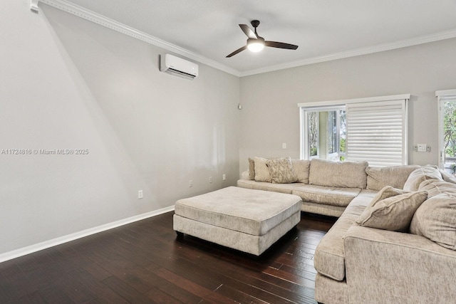 living room with ornamental molding, a wall mounted AC, ceiling fan, and dark hardwood / wood-style floors