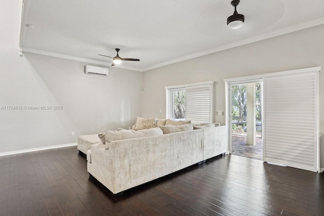 living room featuring ceiling fan, a wall mounted AC, dark hardwood / wood-style flooring, and ornamental molding