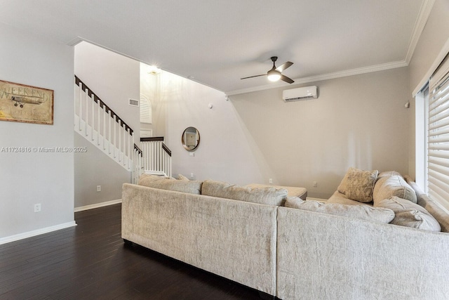 living room with dark wood-type flooring, ceiling fan, crown molding, and a wall mounted AC