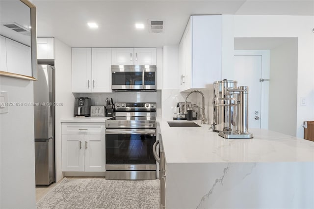 kitchen with tasteful backsplash, a sink, light stone countertops, and stainless steel appliances