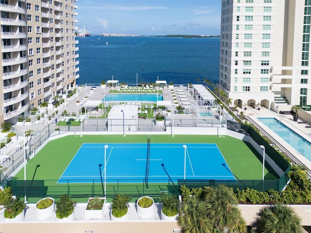 aerial view featuring a water view