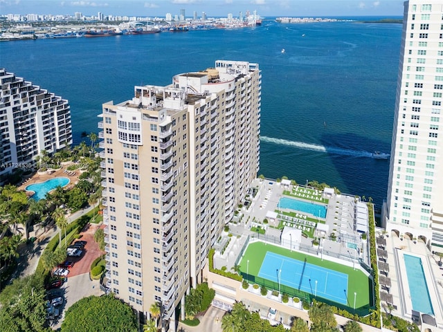 birds eye view of property featuring a water view