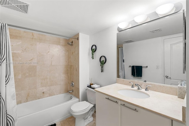 full bathroom with toilet, tile patterned flooring, shower / bath combination with curtain, and vanity